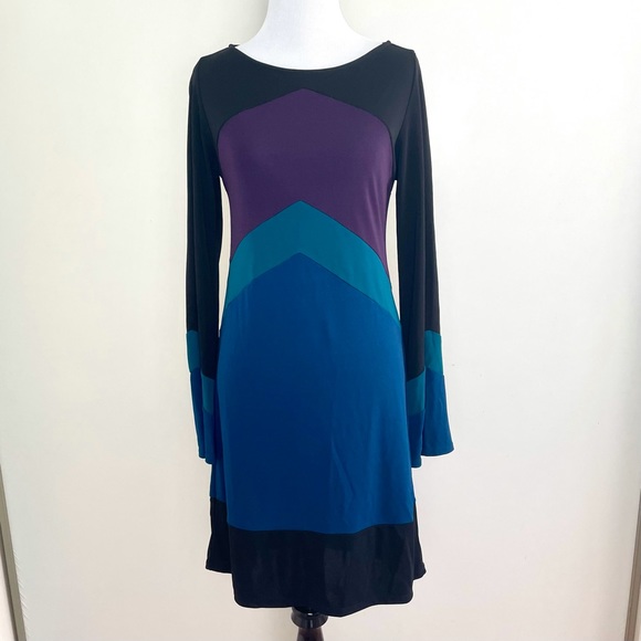Hale Bob Long Sleeve Dress with Color Block Chevron Design Size Small - Picture 2 of 9